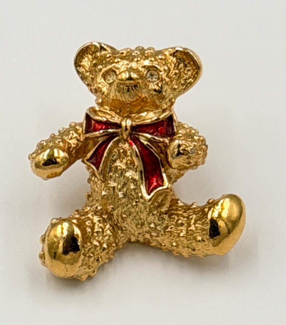 Vintage Avon Teddy Bear Pin Brooch, Gold Tone Metal, Red Enamel Bow